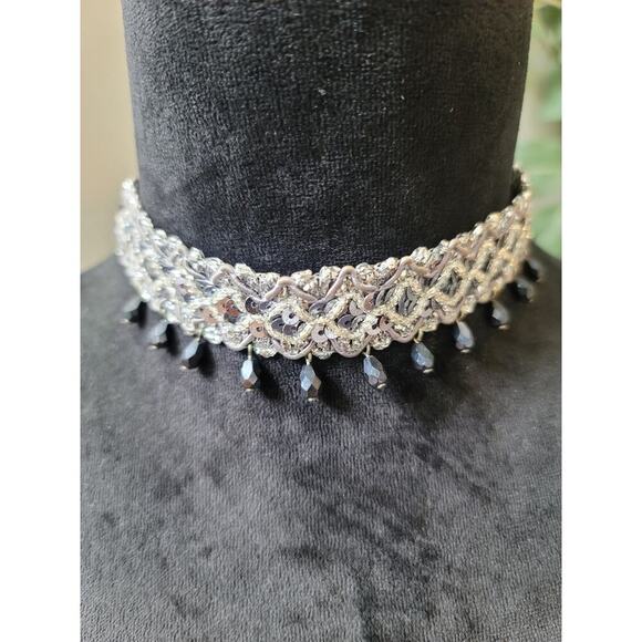 Women's Silver Sequin Beaded Choker Necklace With Black Drops And Lobster Clasp - Picture 1 of 6